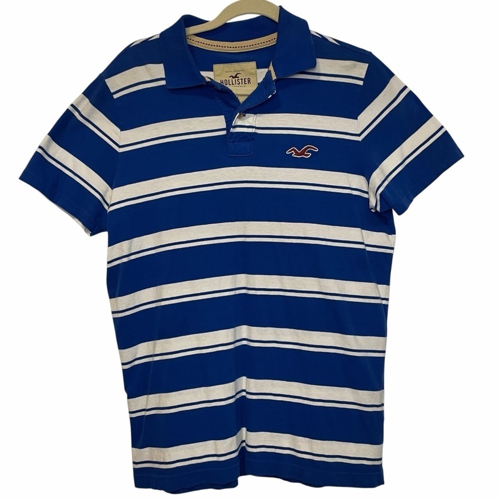 Hollister Men’s Striped Polo Shirt Blue White Short Sleeve Collared XL